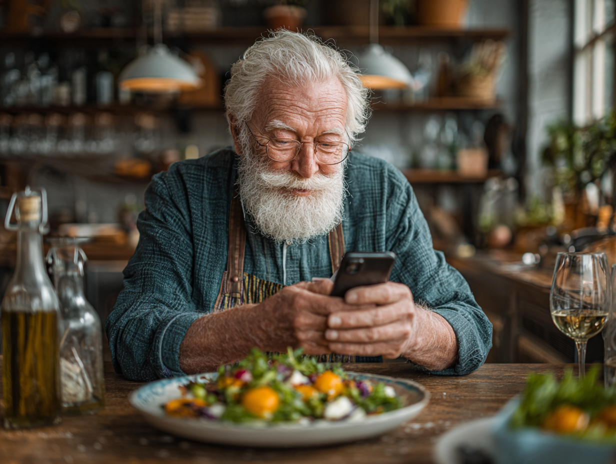 Активна пара зрілого віку насолоджується здоровою їжею на кухні